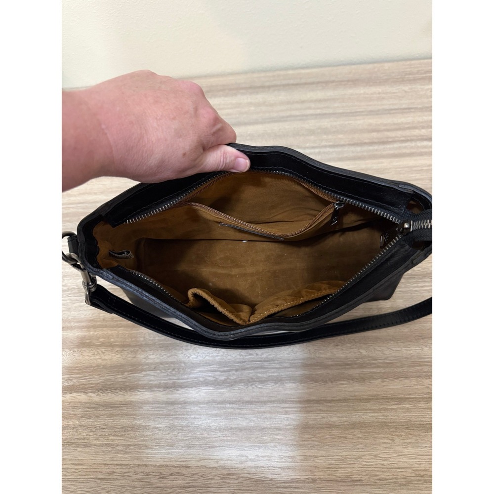 Patricia Nash Black Leather Shoulder Bag‎ Silver Hardware Zip Small Hobo Purse - Picture 12 of 16